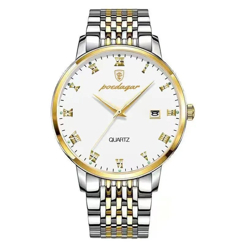 838 GD WH S_Watch Men Stainless Steel Business Date Clock Waterproof Luminous Watches Mens Top Luxur