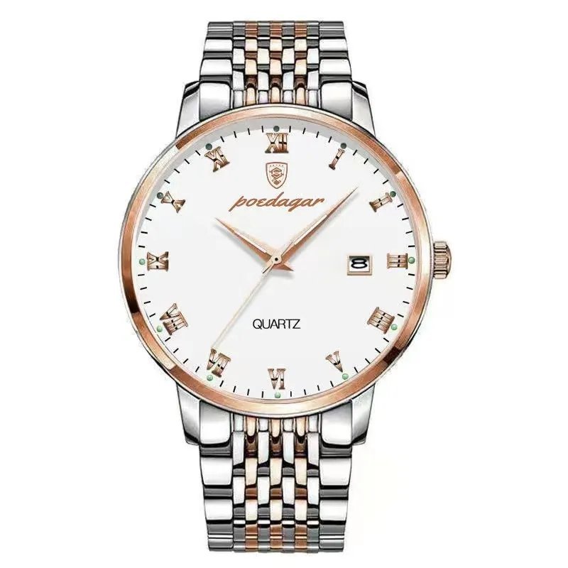 838 RG WH S_Watch Men Stainless Steel Business Date Clock Waterproof Luminous Watches Mens Top Luxur