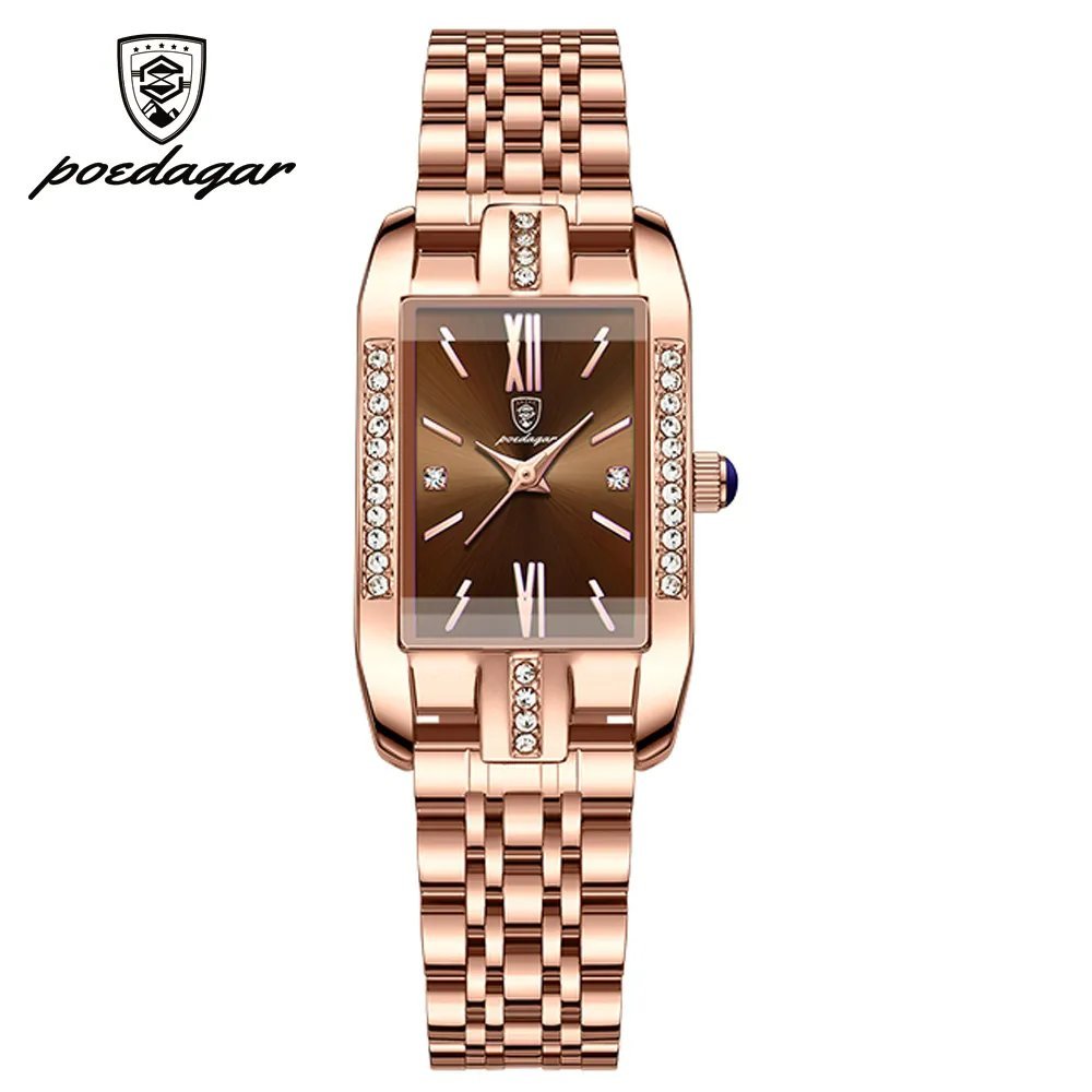 Coffee_Women Watch Luxury Diamond Green Dial Square Quartz Watches Stainless Steel Waterproof Ladies