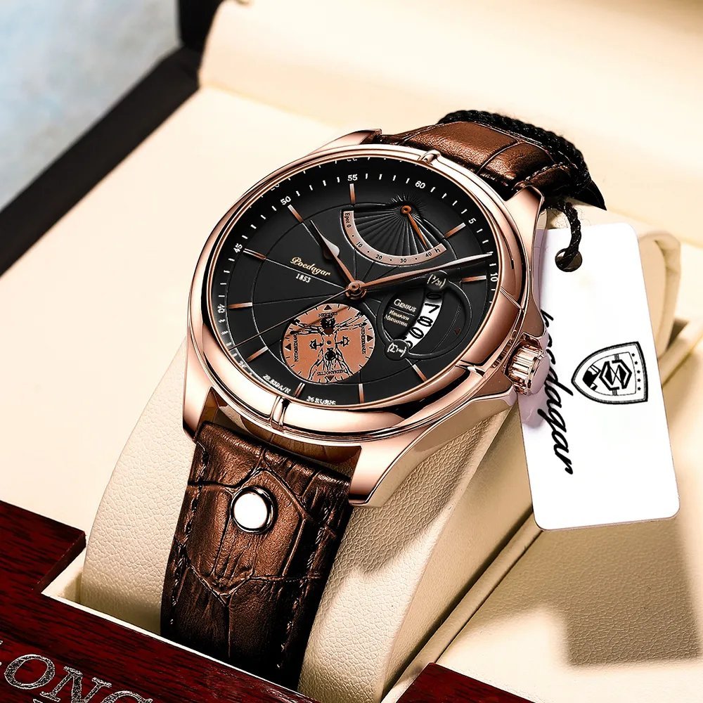 802 GD BK L_2022 Men Watch  Luxury Waterproof Date Quartz Watches Mens Military Leather Clock Sport 