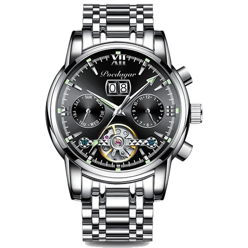 2-Black Silver_2021 Luxury Men Mechanical Wristwatch Genuine Leather Automatic Sports Chronograph Me