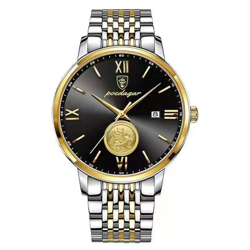 Gold Black_Men Watch  Luxury Gold Stainless Stain Quartz Watches Waterproof Luminous Date Business M