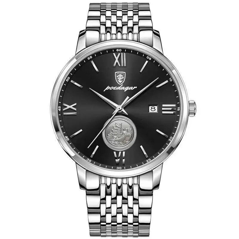 Silver Black_Men Watch  Luxury Gold Stainless Stain Quartz Watches Waterproof Luminous Date Business