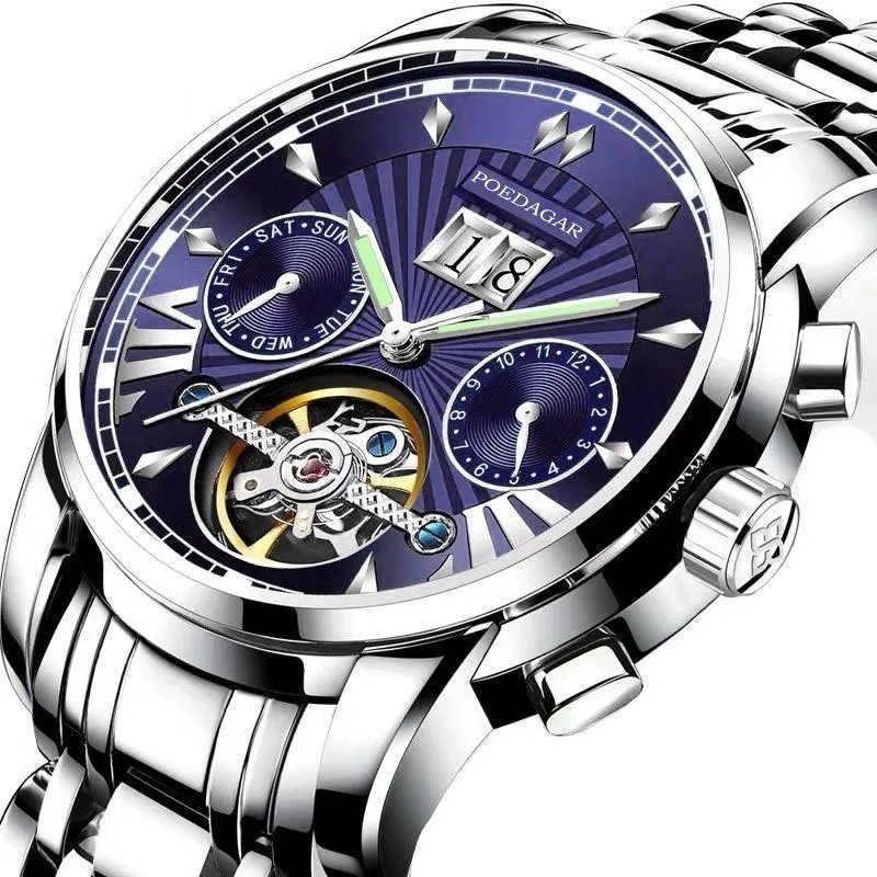 Silver Blue_Men Watch  Luxury Automatic Mechanical Watches Waterproof Luminous Business Stainless St