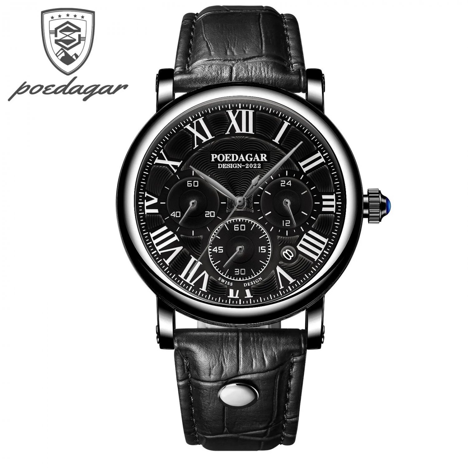 Black Black_Men Watch Chronograph Leather Quartz Watches Waterproof Luminous Sport Sport Men's Wrist
