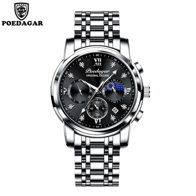 8098-Black Silver_2021   Mens Watches Blue Luxury  Big Dial Military Quartz Watch Leather Sport Wate