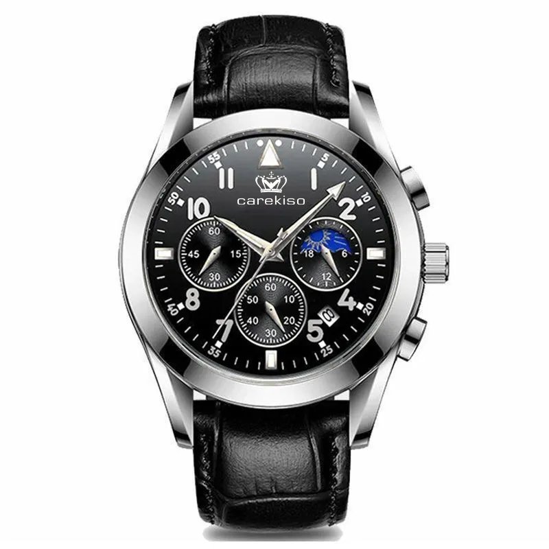8166 SL BK L_2021  Carekiso Men Watch Stainless Steel Sports Chronograph Top Luxury Waterproof Lumin