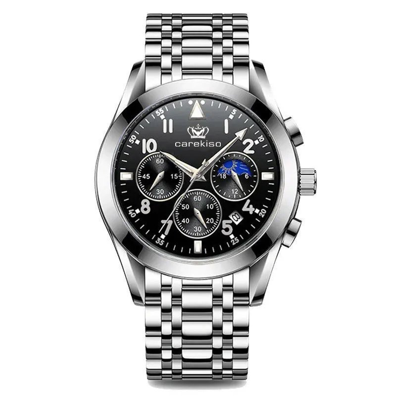 8166 SL BK S_2021  Carekiso Men Watch Stainless Steel Sports Chronograph Top Luxury Waterproof Lumin