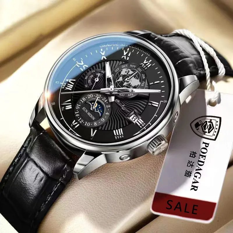 908 SL BK L_Date Quartz Men Watches  Luxury Waterproof Luminous Man Clock Military Leather Sport Men