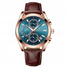 Rose Gold Blue_Men Watches  Luxury Leather Wristwatch Sport Chronograph Waterproof Luminous Quartz M