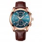 Rose Gold Blue_Men Watches  Luxury Leather Wristwatch Sport Chronograph Waterproof Luminous Quartz M