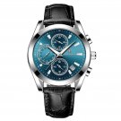 Silver Blue_Men Watches  Luxury Leather Wristwatch Sport Chronograph Waterproof Luminous Quartz Mili
