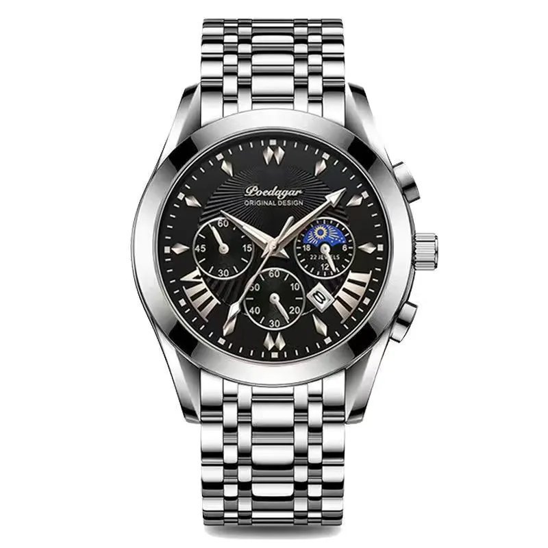822-Black Silver_2021 Men Watches  Luxury Waterproof Luminous Leather Quartz Wristwatch    Business 