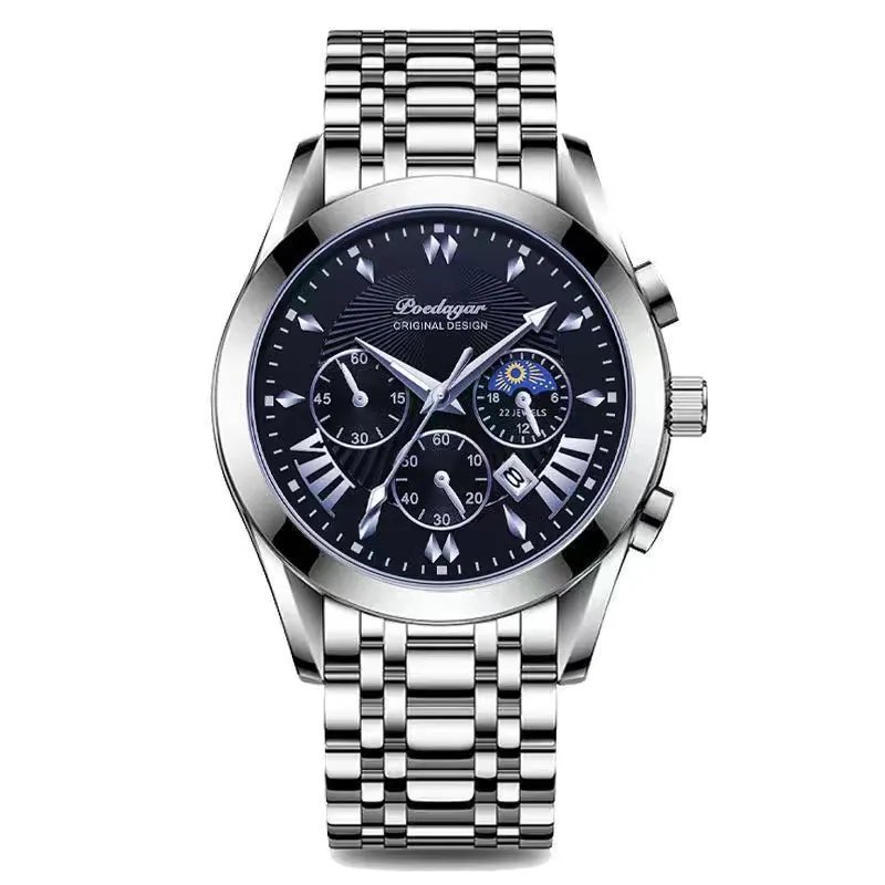 822-Blue Silver_2021 Men Watches  Luxury Waterproof Luminous Leather Quartz Wristwatch    Business S