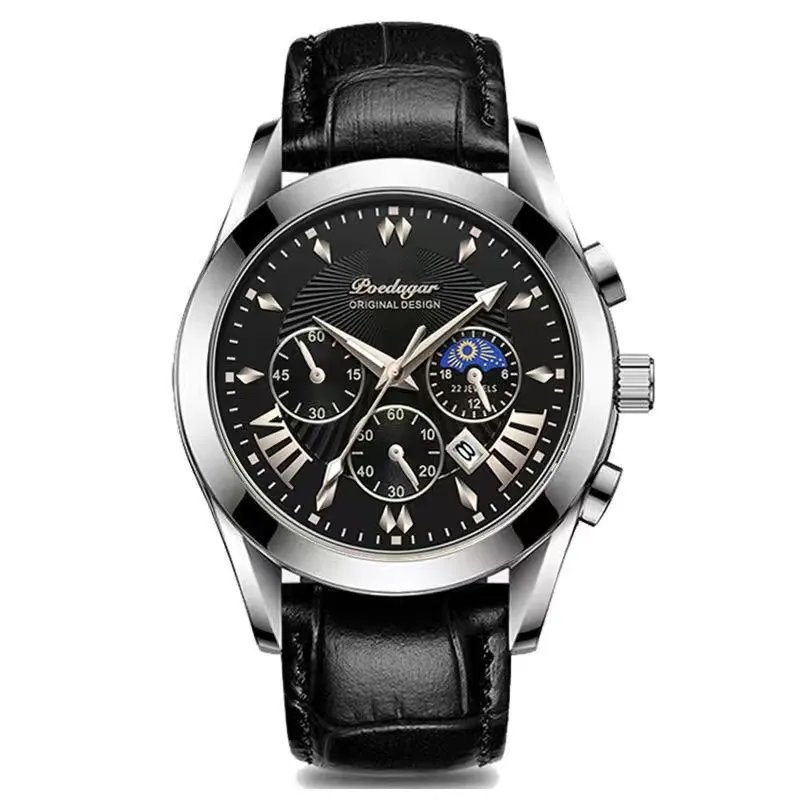 822-Leather BK SL_2021 Men Watches  Luxury Waterproof Luminous Leather Quartz Wristwatch    Business