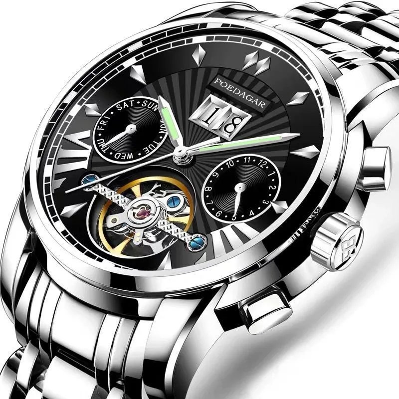 Silver Black_Men Watch  Luxury Automatic Mechanical Watches Waterproof Luminous Business Stainless S