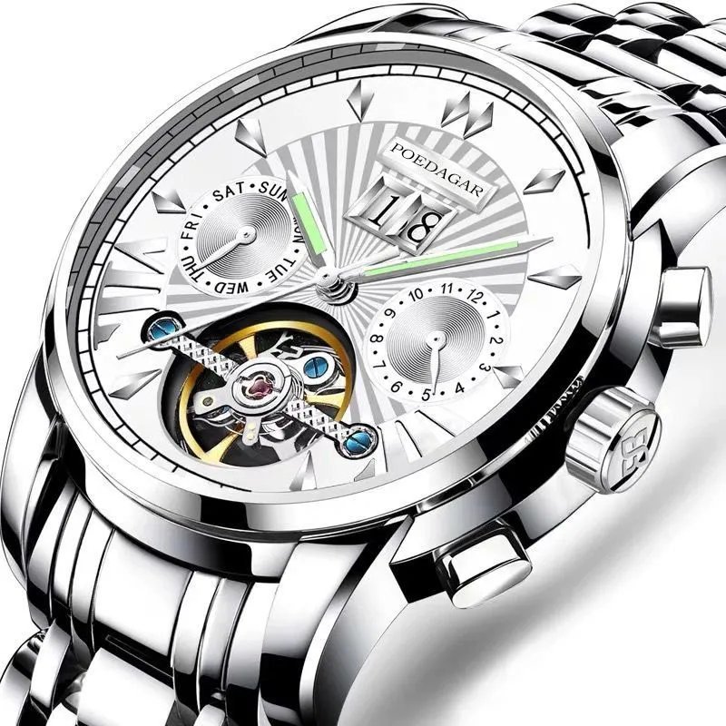 Silver White_Men Watch  Luxury Automatic Mechanical Watches Waterproof Luminous Business Stainless S