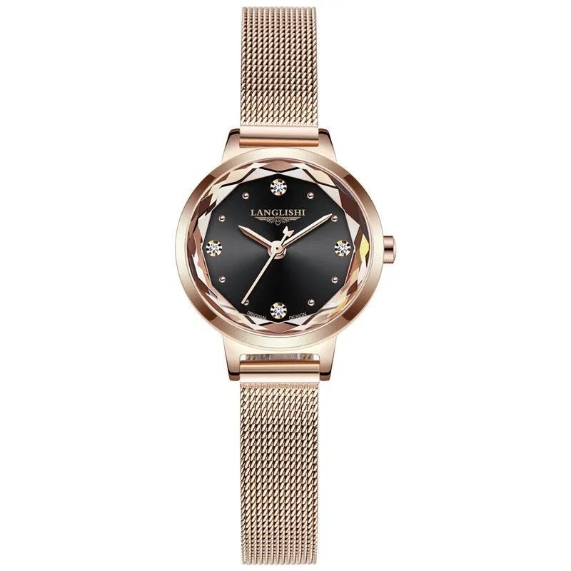 Black_Japan Quartz Movement High Quality LANGLISHI Women Stainless Steel Mesh Rose Gold Waterproof L
