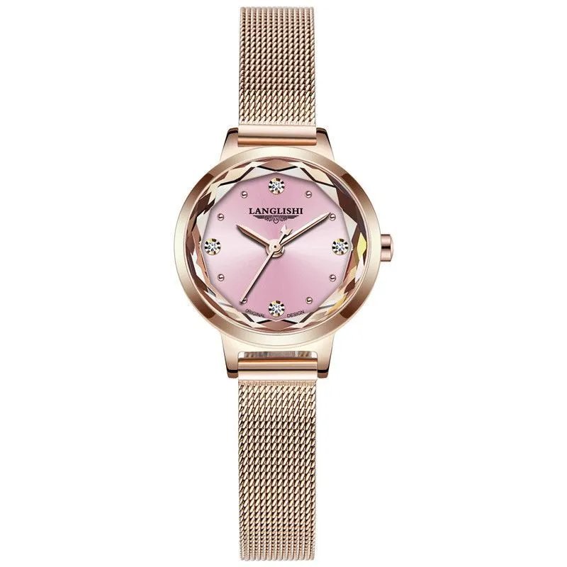 Pink_Japan Quartz Movement High Quality LANGLISHI Women Stainless Steel Mesh Rose Gold Waterproof La