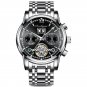 Black Silver_2021  Luxury Men Mechanical Wristwatch Genuine Leather Automatic Clock  Sports Chronogr