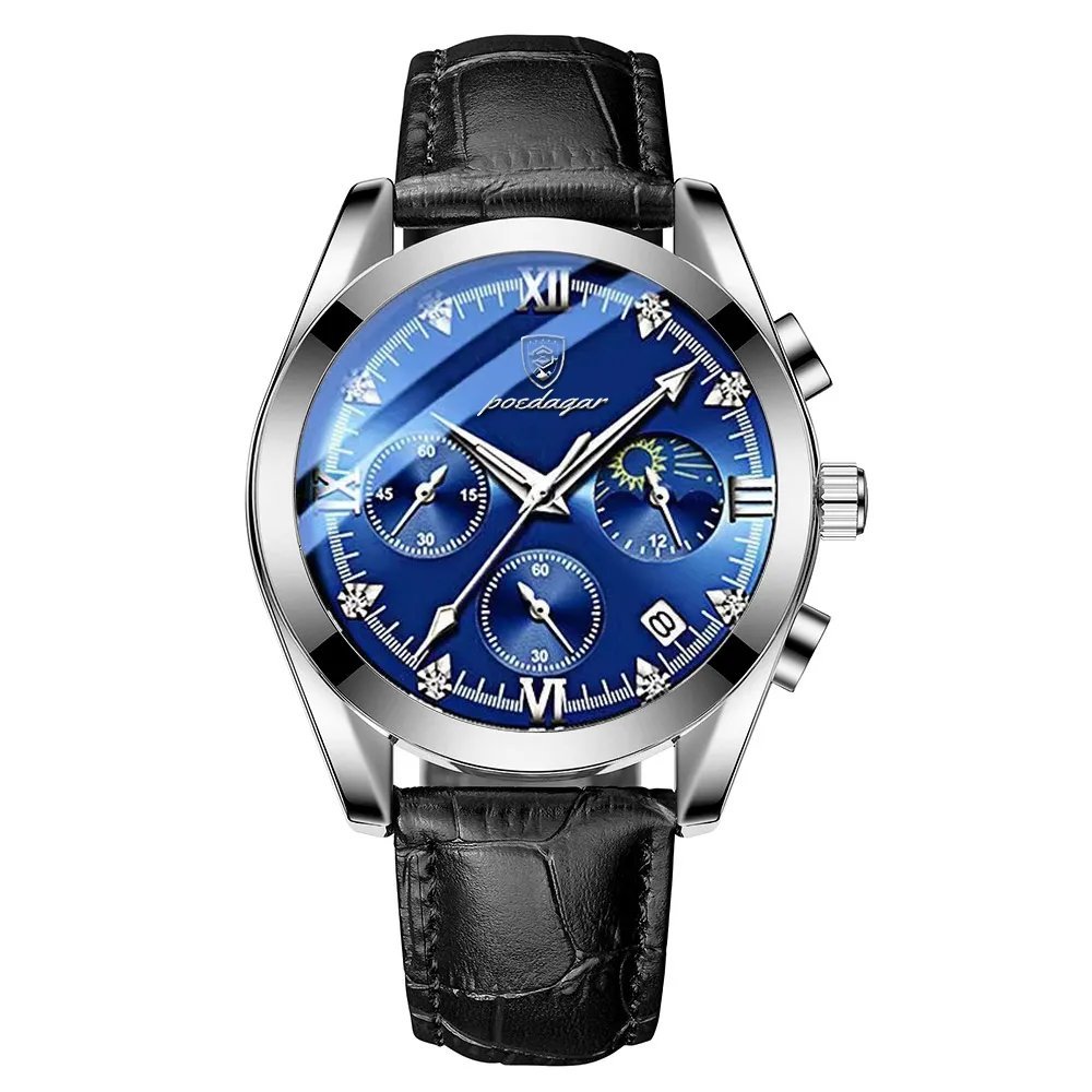 A Silver Blue_Men's Watch Sport Chronograph Leather Watches Waterproof Luminous Military Watch Busin