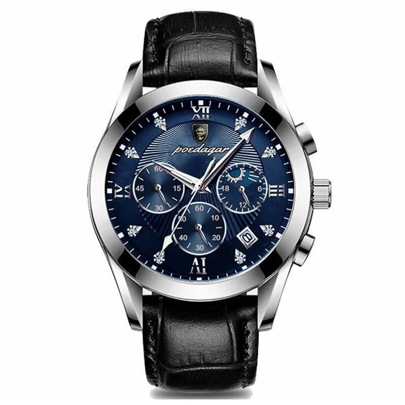 C Silver Blue_Men's Watch Sport Chronograph Leather Watches Waterproof Luminous Military Watch Busin