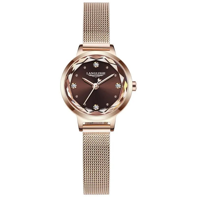 Coffee_Japan Quartz Movement High Quality LANGLISHI Women Stainless Steel Mesh Rose Gold Waterproof 