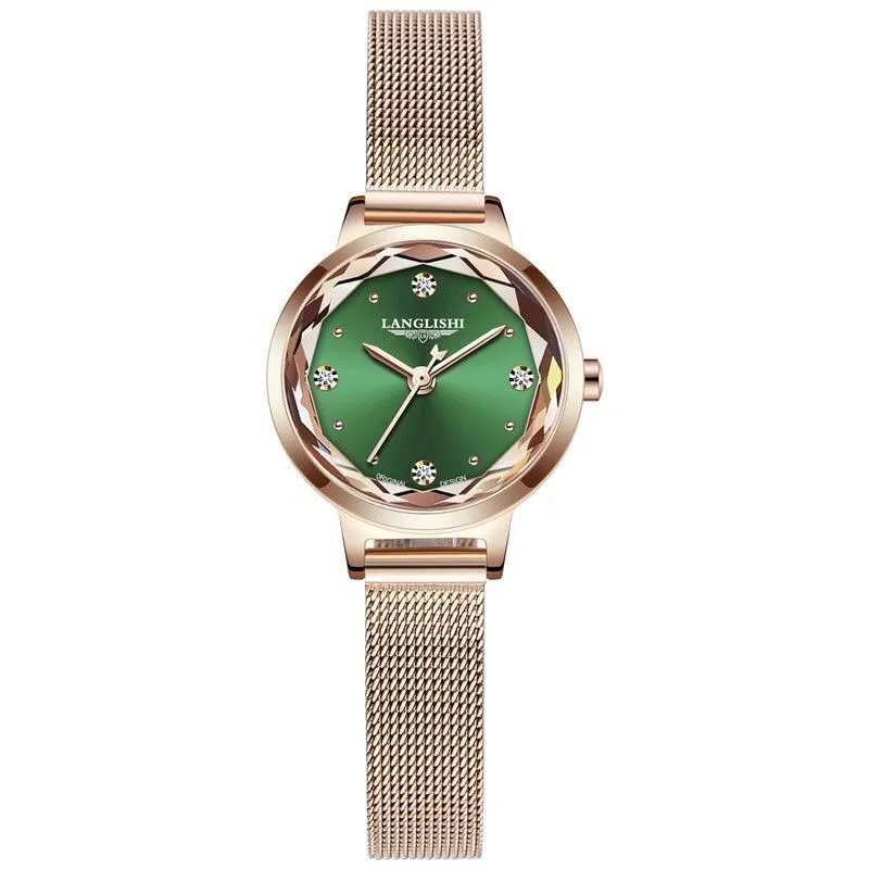Green_Japan Quartz Movement High Quality LANGLISHI Women Stainless Steel Mesh Rose Gold Waterproof L