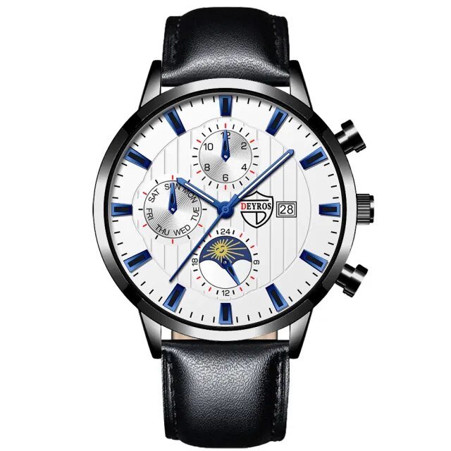 Leather White Blue_Mens es Luxury Stainless Steel Mesh Belt Quartz Wrist  Luminous Clock Men Busines