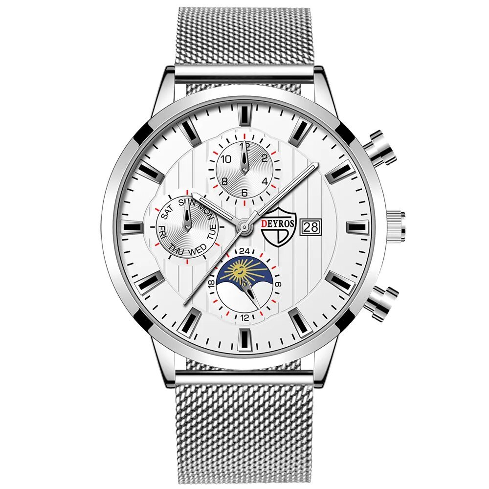 Mesh Silver White_Mens es Luxury Stainless Steel Mesh Belt Quartz Wrist  Luminous Clock Men Business