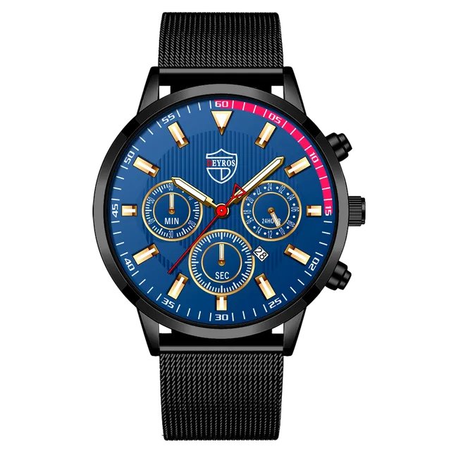 Mesh Black Blue_Luxury Men's es for Men Sports Stainless Steel Mesh belt Quartz Wrist Calendar Lumin