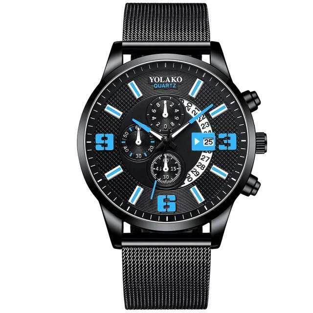 Mesh Black Blue_Mens Luxury es Stainless Steel Mesh Belt Quartz Wrist  Men Business Calendar Luminou