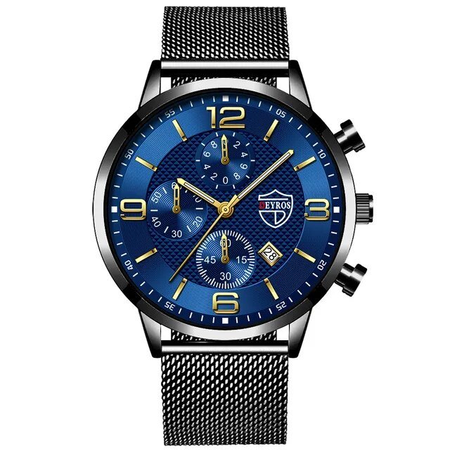 Mesh Black Blue_Mens es Luxury Men Business Stainless Steel Mesh Belt Quartz Wrist  for Man Leisure 
