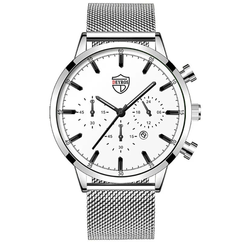 Mesh Silver White_Luxury Men's es Stainless Steel Mesh Belt Quartz Leather  Calendar Luminous Male C