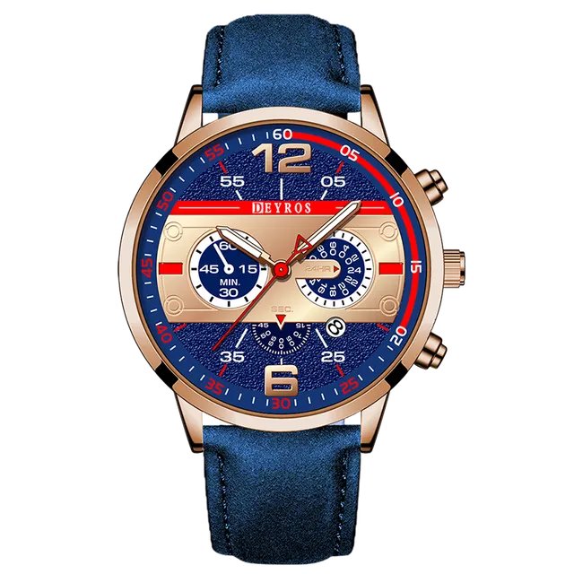 Leather Rose Blue_Mens es Calendar  Men Busines Stainless Steel Mesh Belt Quartz Wrist Male Leather 