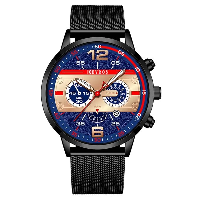 Mesh  Black  Blue_Mens es Calendar  Men Busines Stainless Steel Mesh Belt Quartz Wrist Male Leather 