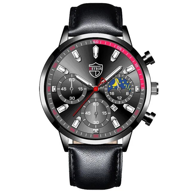 Leather Black Silver_Mens es Men Stainless Steel Mesh Belt Quartz Wrist Luminous Clock Man Casual Le