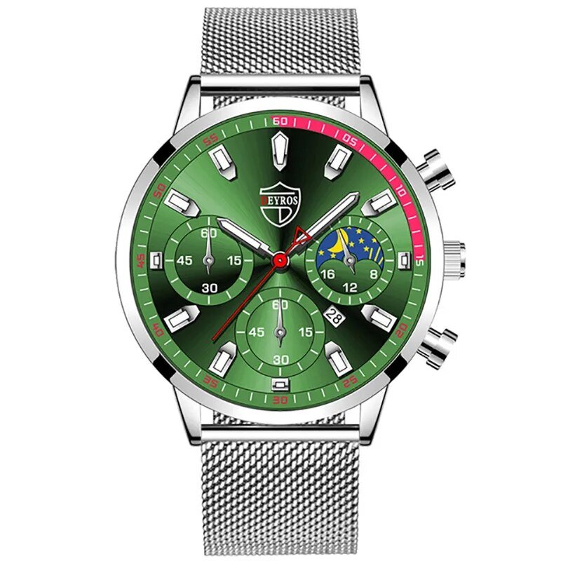Mesh Silver Green_Mens es Men Stainless Steel Mesh Belt Quartz Wrist Luminous Clock Man Casual Leath