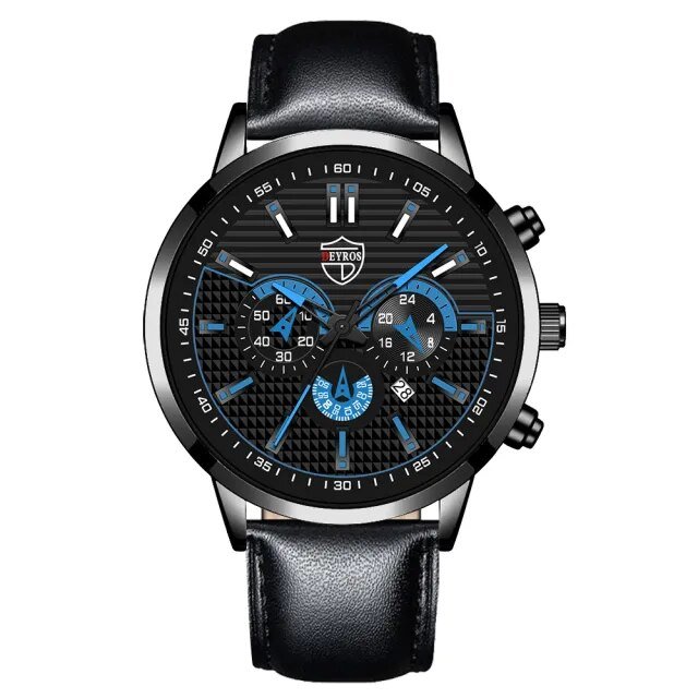 Leather Black Blue_Brand Men's Business Calendar es Stainless Steel Mesh Belt Analog Quartz Wrist Ma