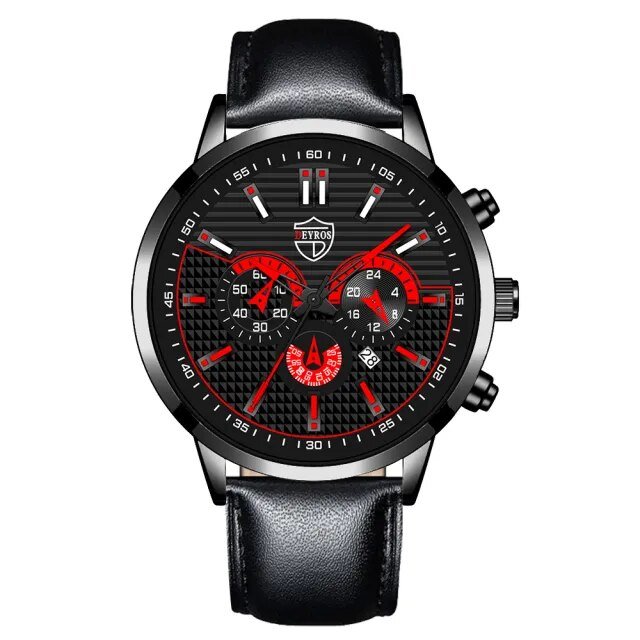 Leather Black Red_Brand Men's Business Calendar es Stainless Steel Mesh Belt Analog Quartz Wrist Mal