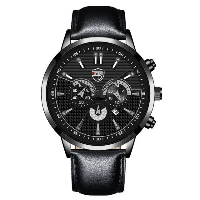 Leather Black Silver_Brand Men's Business Calendar es Stainless Steel Mesh Belt Analog Quartz Wrist 