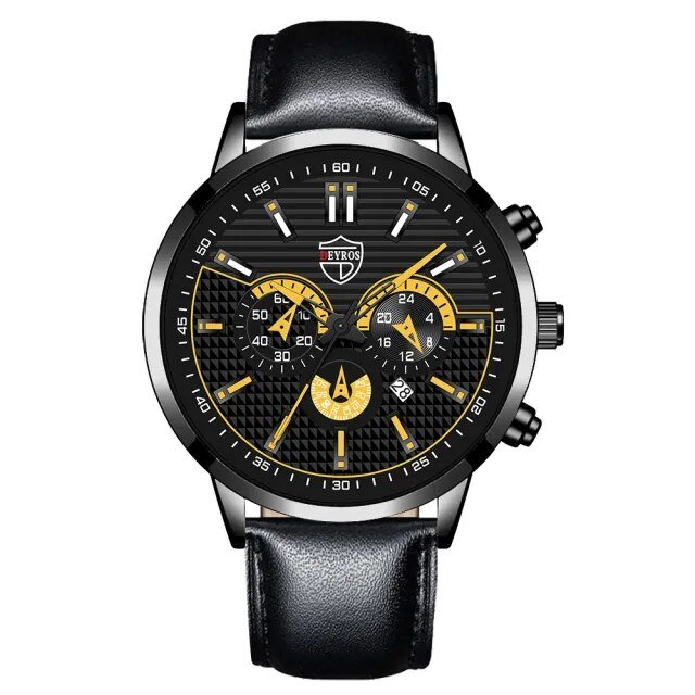 Leather Black Yellow_Brand Men's Business Calendar es Stainless Steel Mesh Belt Analog Quartz Wrist 