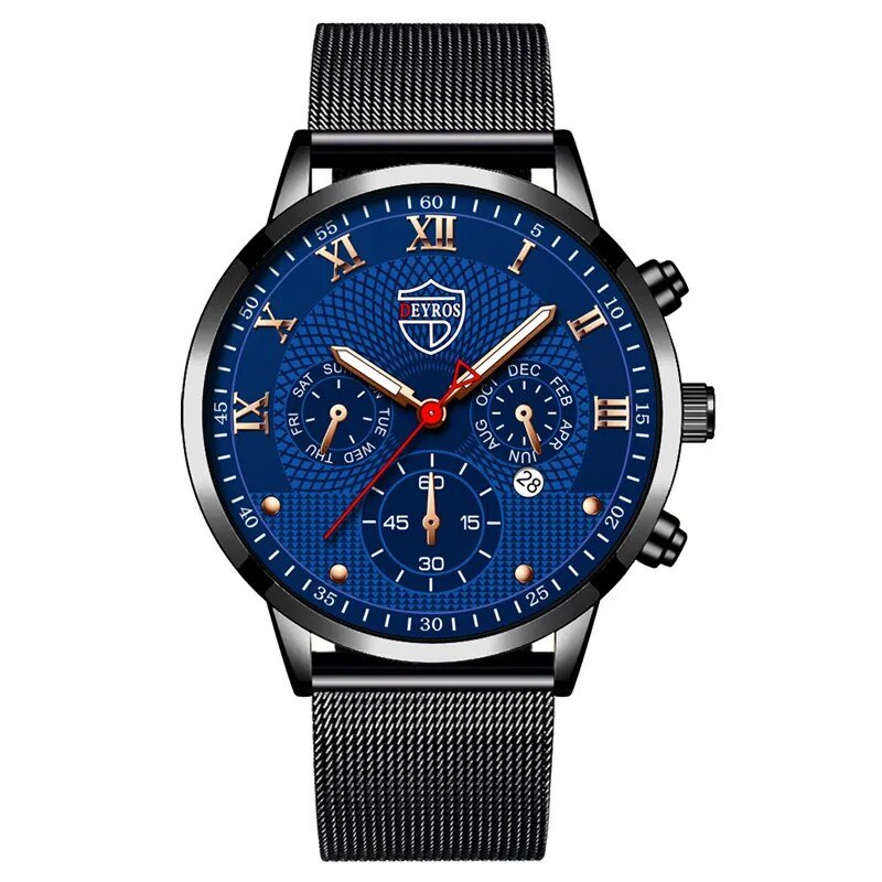 Mesh Black Blue_Mens es Stainless Steel Mesh Belt Quartz Wrist  Luminous Clock Men Business Casual L