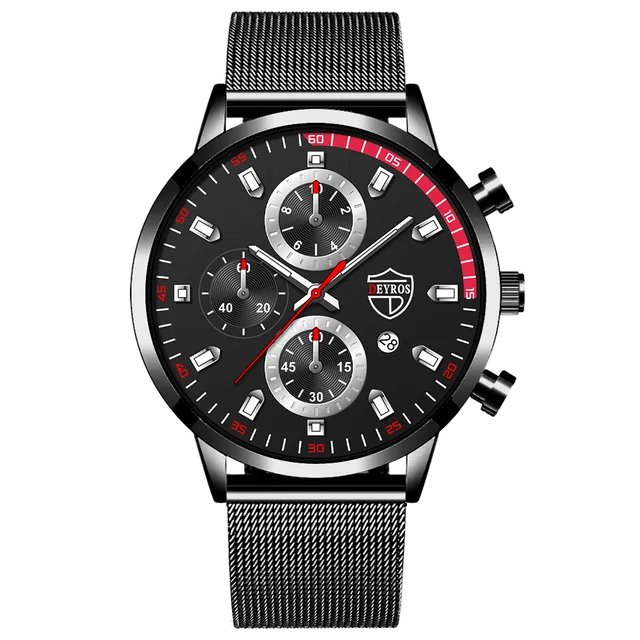 Mesh Black Silver_Mens Sports es Men Business Stainless Steel Mesh belt Quartz Wrist  Luminous Clock