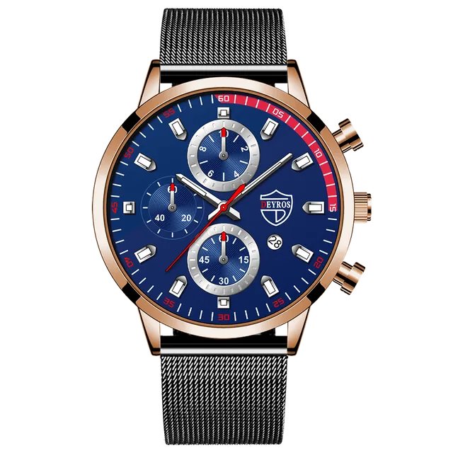 Mesh Rose Blue_Mens Sports es Men Business Stainless Steel Mesh belt Quartz Wrist  Luminous Clock Ma