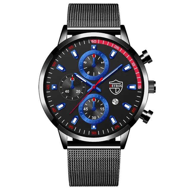 Mesh Black Blue_Mens 2022 Luxury Black es Men Business Stainless Steel Quartz Calendar Wrist  Man Sp