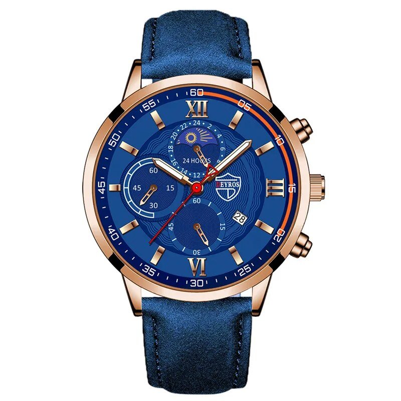 Leather Rose Blue_2022 Luxury Mens es Men Business Stainless Steel Mesh Belt Quartz Clock Man Casual