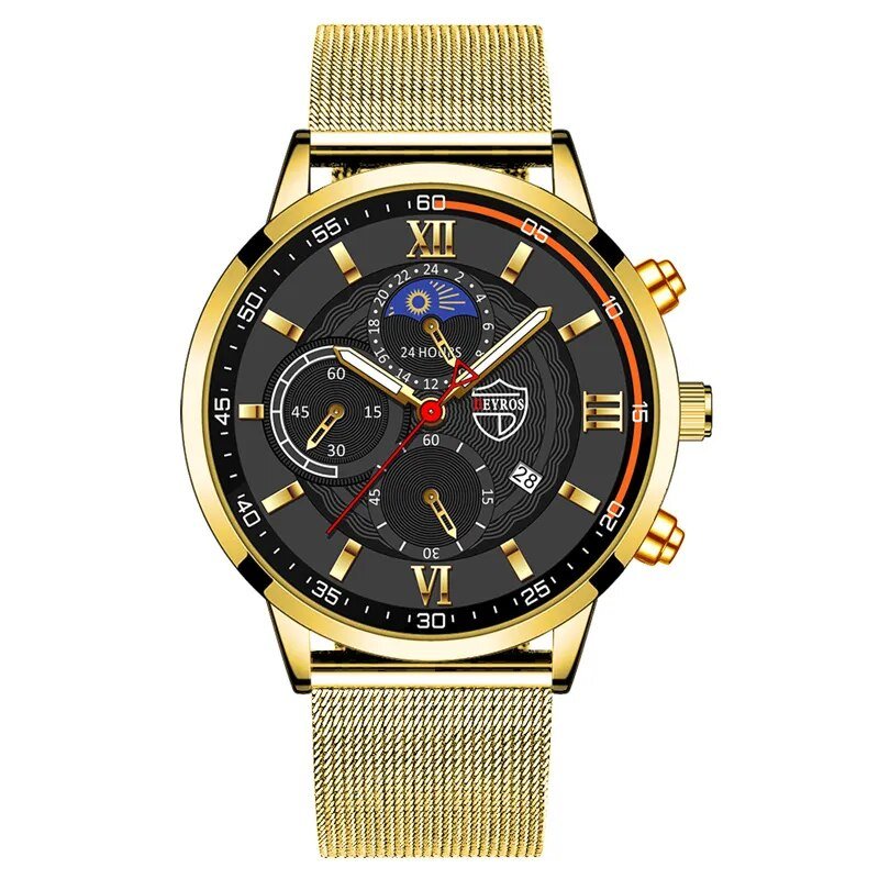 Mesh Gold Black_2022 Luxury Mens es Men Business Stainless Steel Mesh Belt Quartz Clock Man Casual L