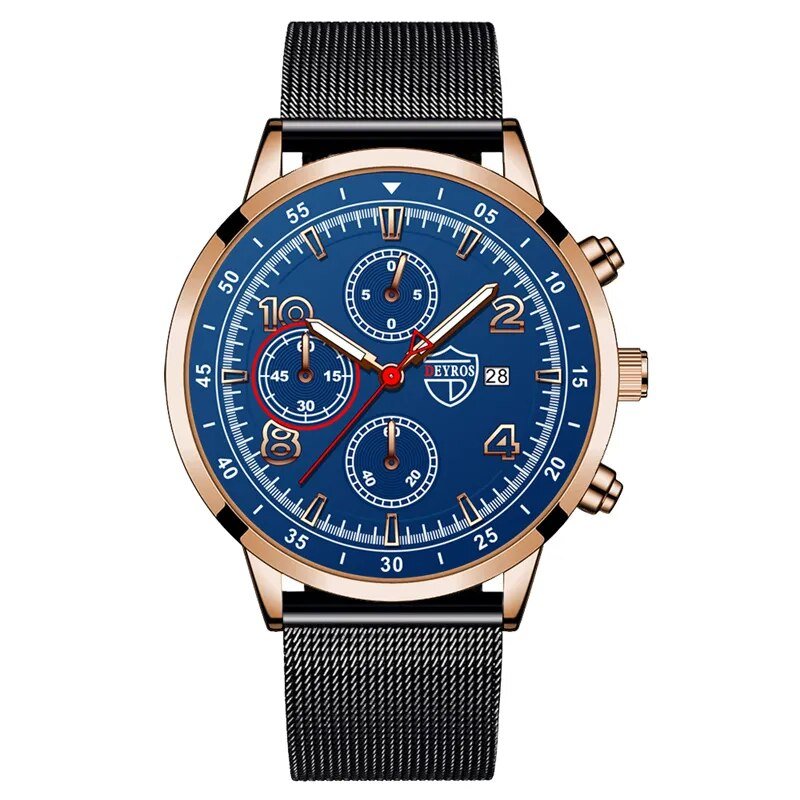 Mesh Rose Blue_Mens Luxury es Stainless Steel Mesh Belt Quartz Wrist  Men Business Casual Leather