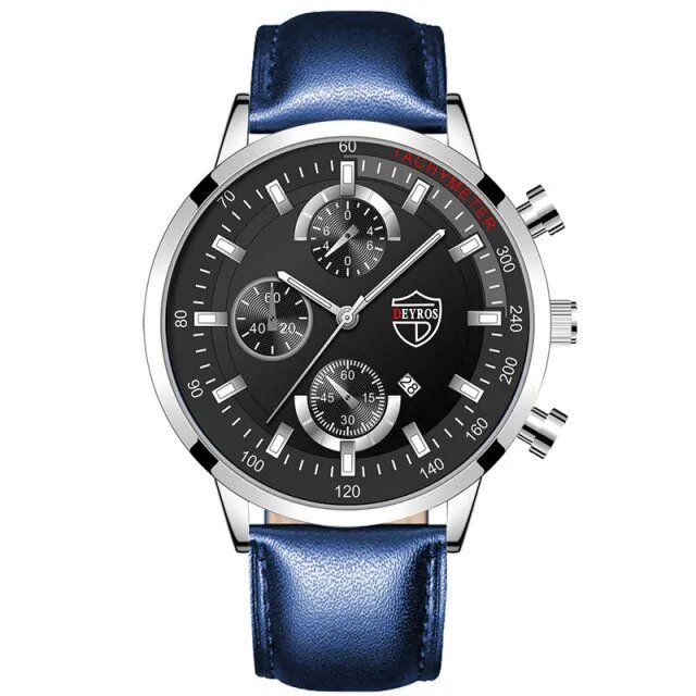 Leather Silver Blue_Luxury  Mens es Stainless Steel Mesh Belt Quartz Wrist Men Casual Leather Calend